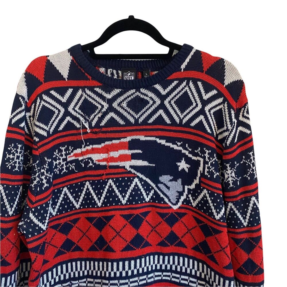 NFL Team Apparel Mens Size Large Sweater Holiday Patriots New England Red Blue - Picture 2 of 9